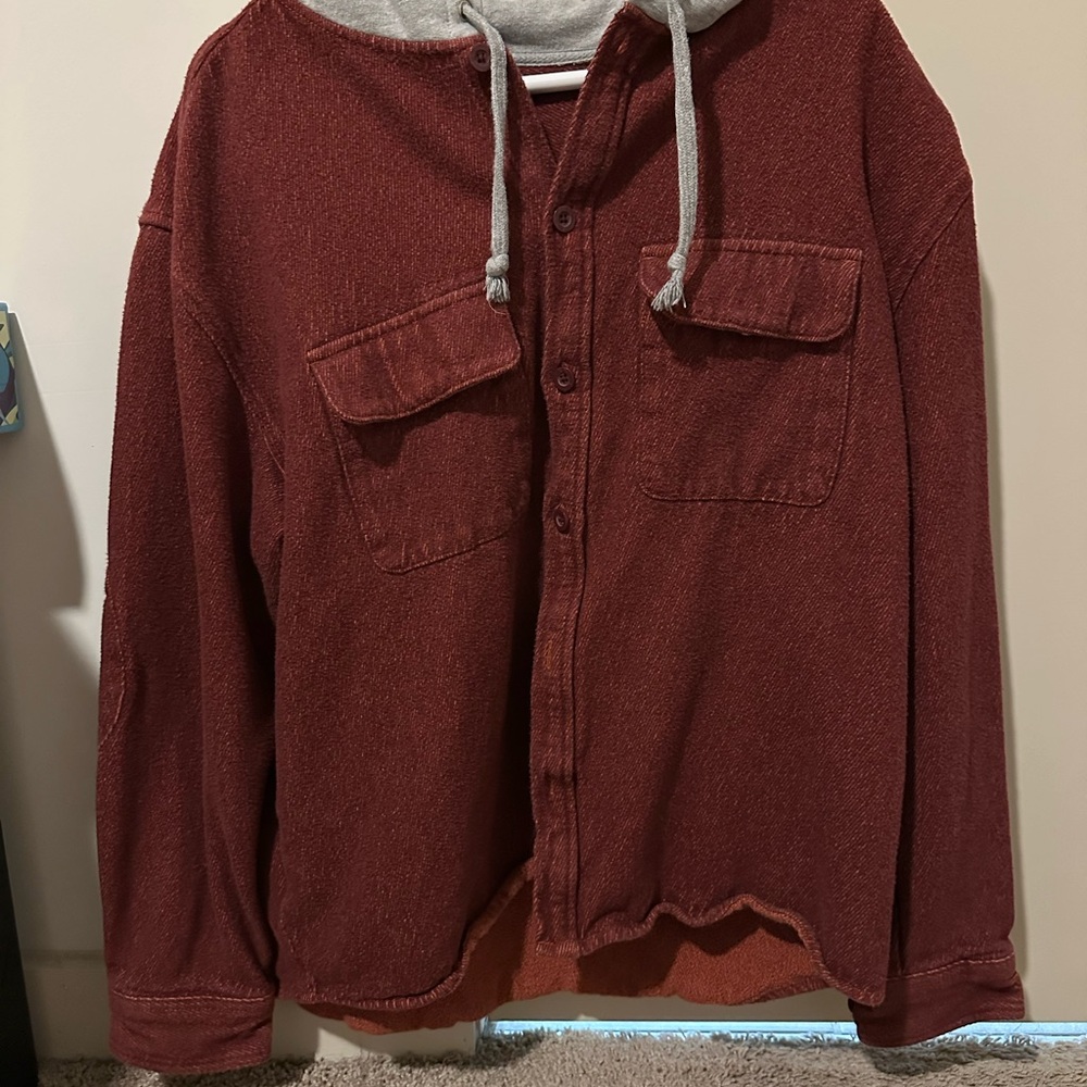 BDG Maroon Button-Up with Gray Hood